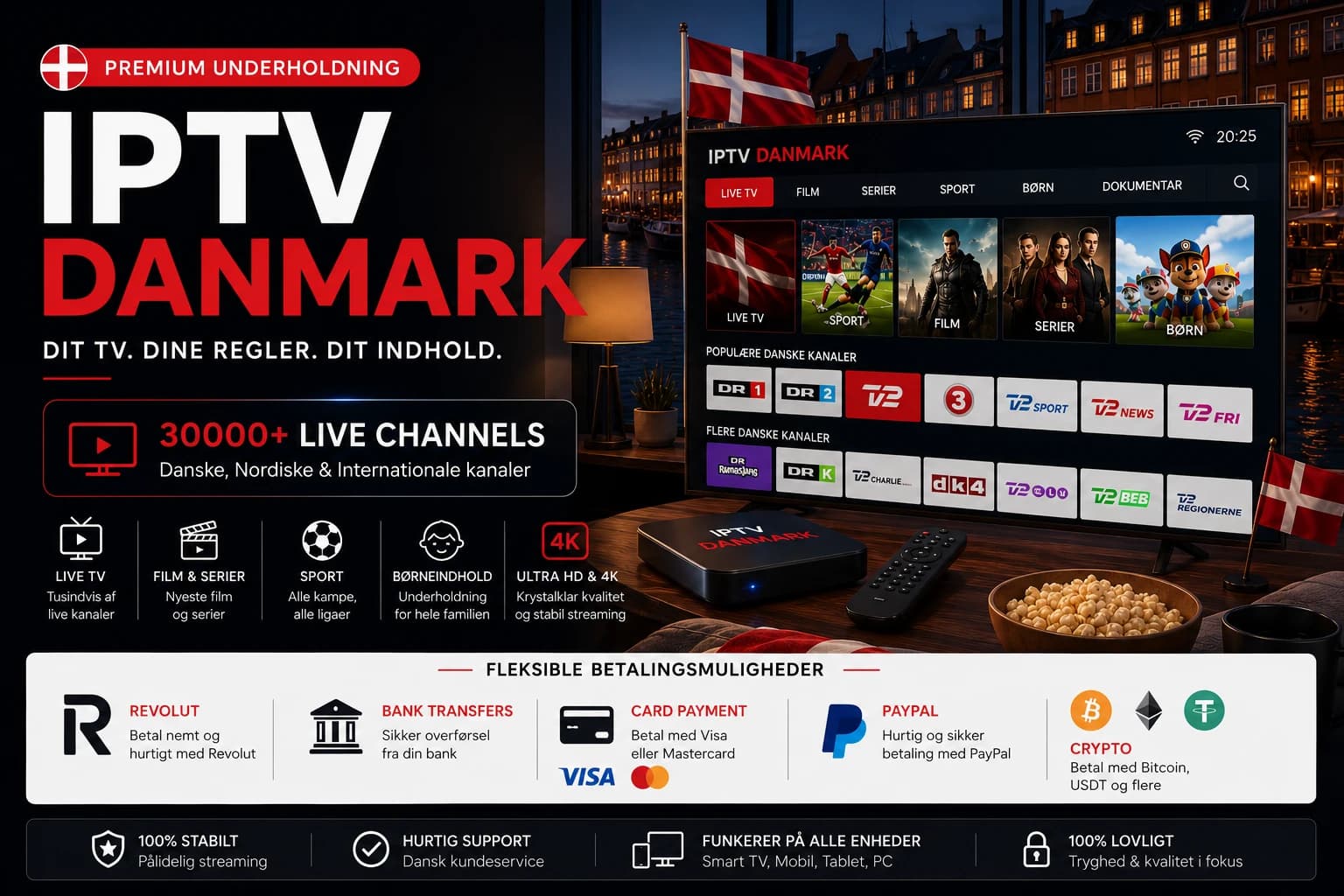 IPTV Danmark – stream live tv-kanaler, film og serier i HD og 4K Ultra HD på alle enheder